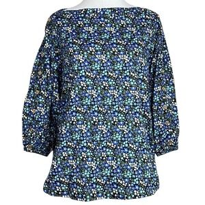 BURU‎ Women XS Blue Floral Print Boat Neck Elbow Sleeve Button Cuff Top Boho